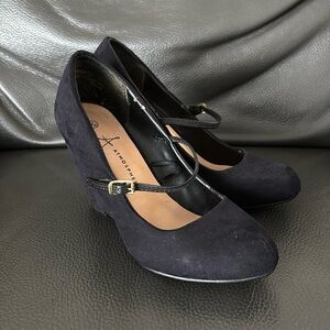 Atmosphere Black Faux Suede Wedge Mary Jane Heels Sz 36